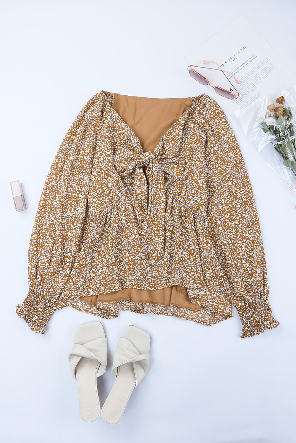 Floral Print Front Tie Ruffled Long Sleeve Blouse