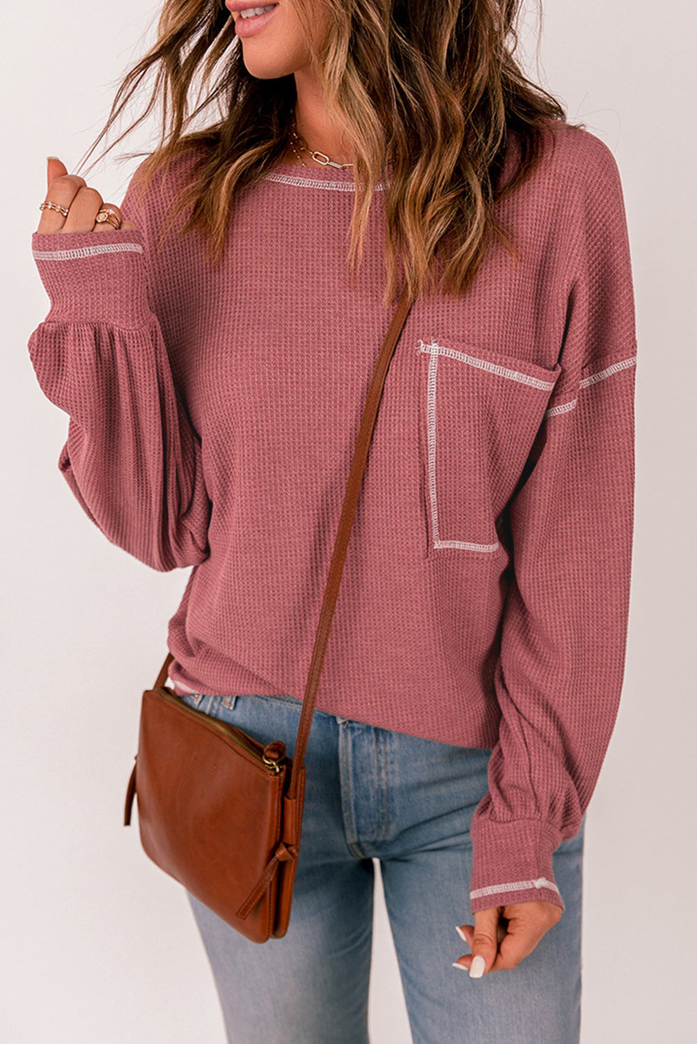 Contrast Stitching Trim Waffle Knit Pullover