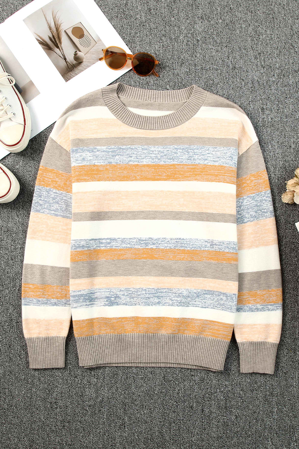 Striped Crew Neck Knitted Pullover Sweater