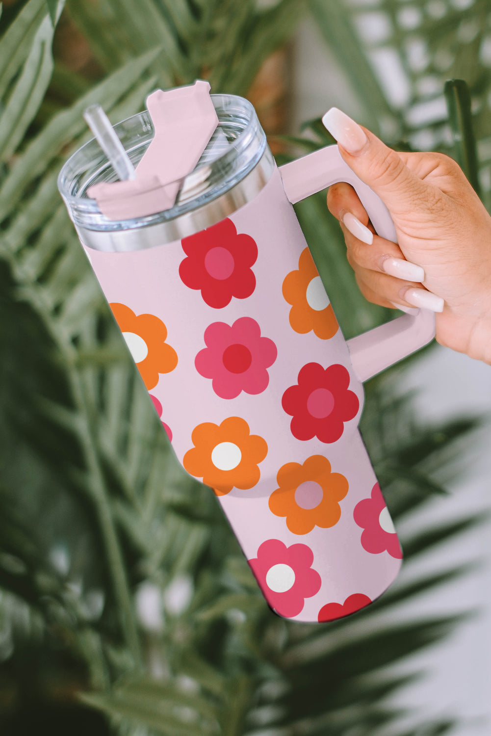 Flower Print Handled Stainless Steel Vacuum Cup