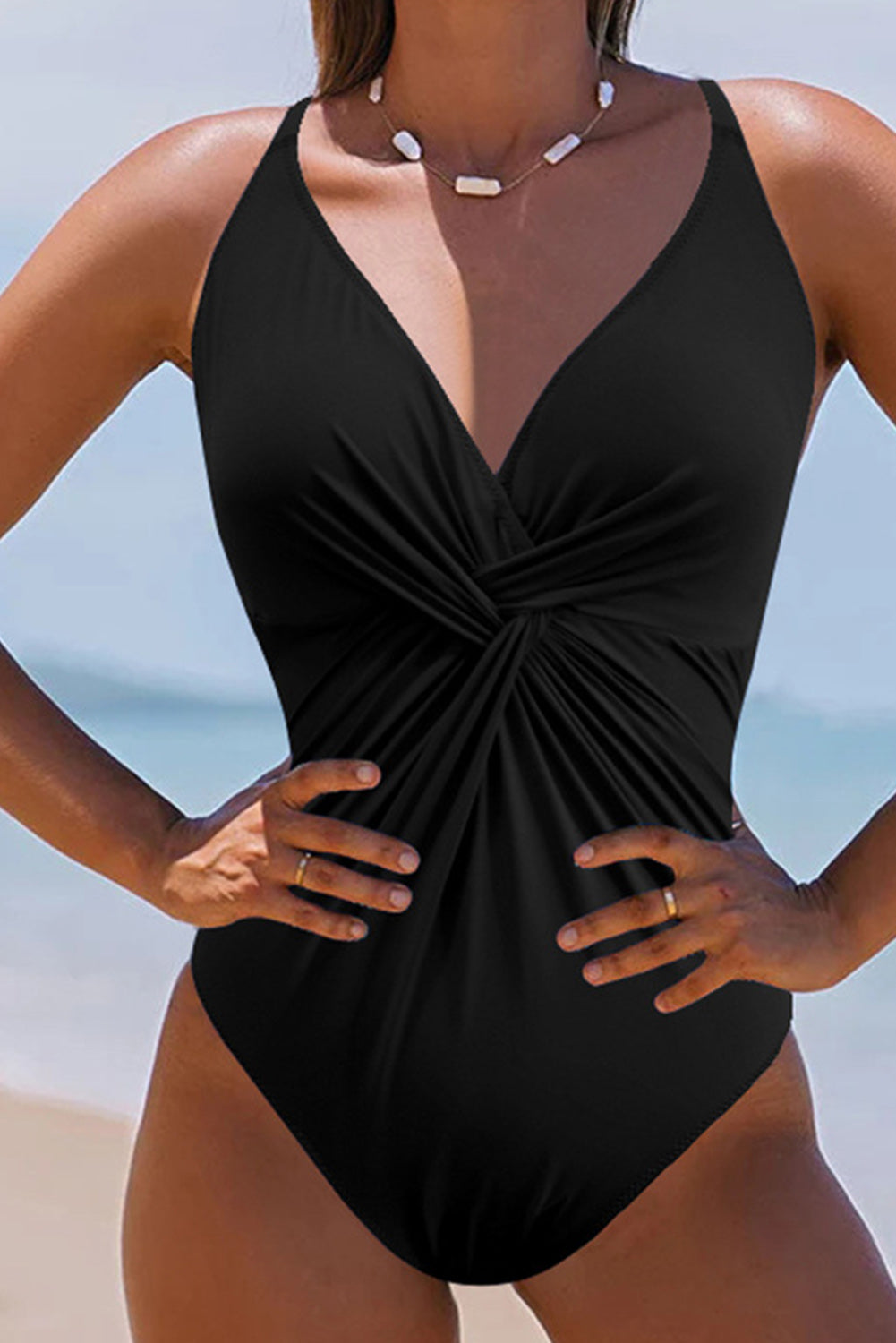 Black V Neck Twist Ruched Crisscross Backless One-Piece Swimsuit