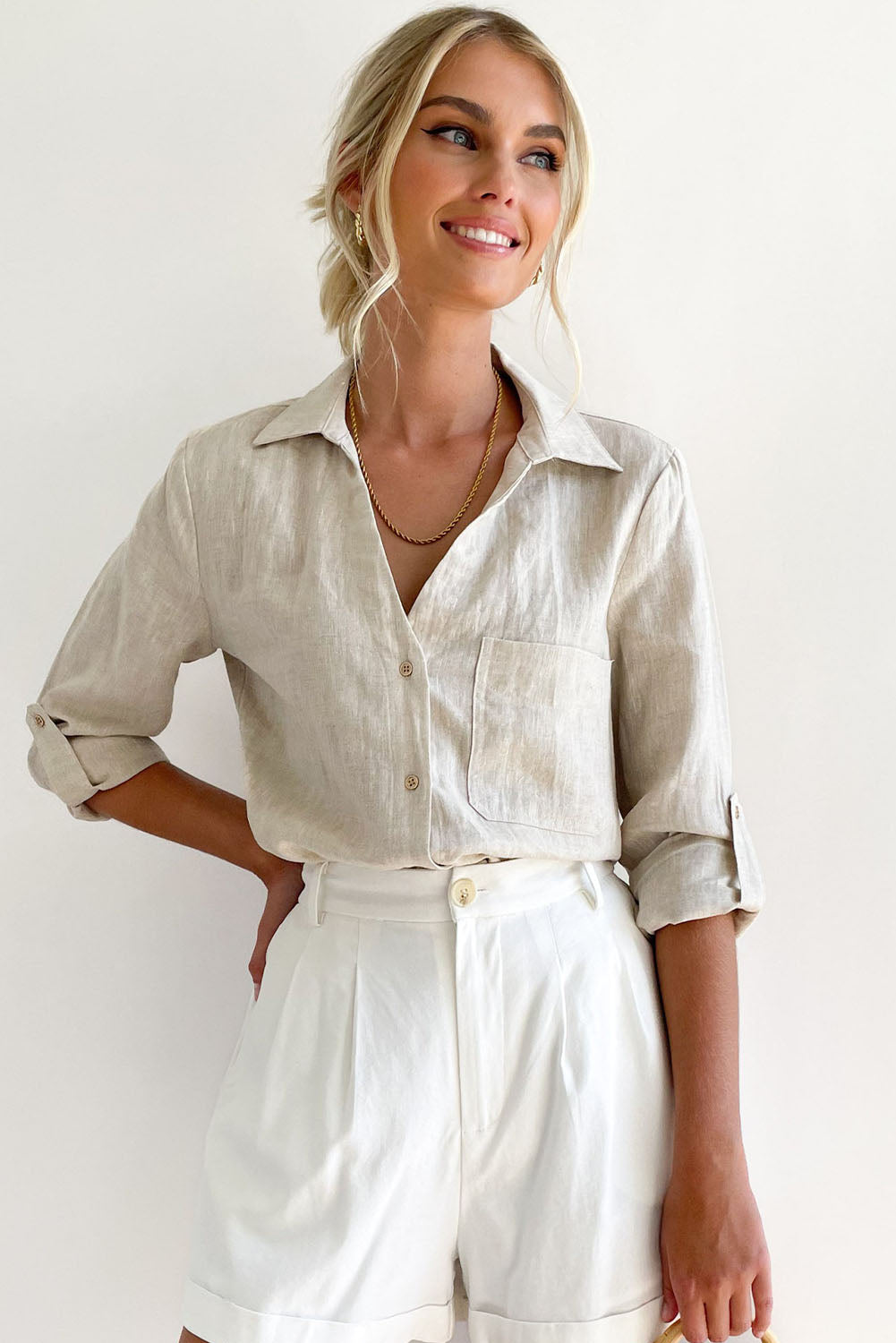 Roll Tab Long Sleeve Relaxed Linen Shirt