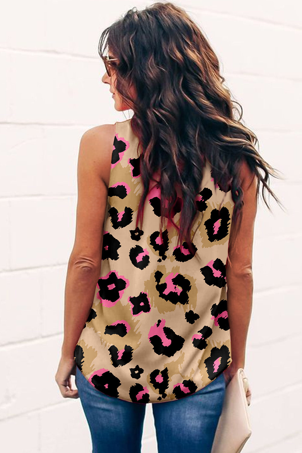 Pink Leopard Frilled Collar Printed Tank Top