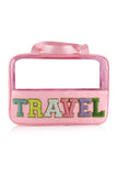 Trousse de maquillage en PVC transparent avec lettre chenille TRAVEL rose clair