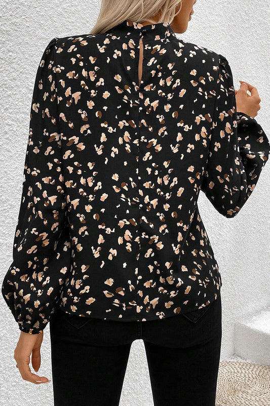 Black Leopard Print Lantern Sleeve Mock Neck Pleated Blouse