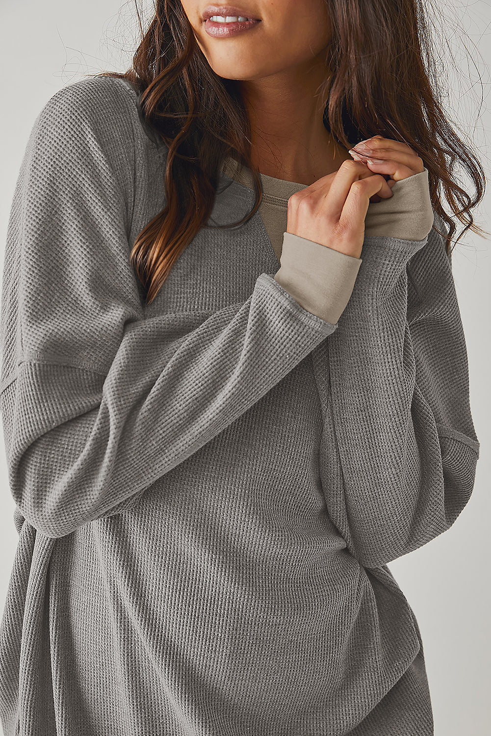 Smoke Gray Thermal Pullover Loose Sweatshirt