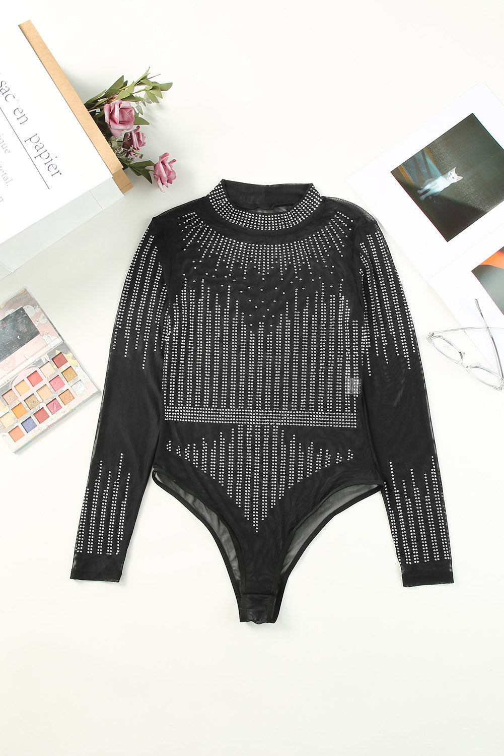 Body noir à manches longues en maille transparente avec strass