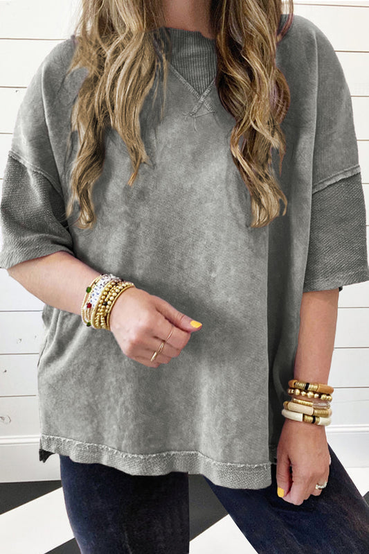 Light Grey Mineral Wash Drop Sleeve Patchwork Plus Tee