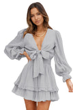 Deep V Neck Lantern Sleeve Knotted Tiered Mini Dress