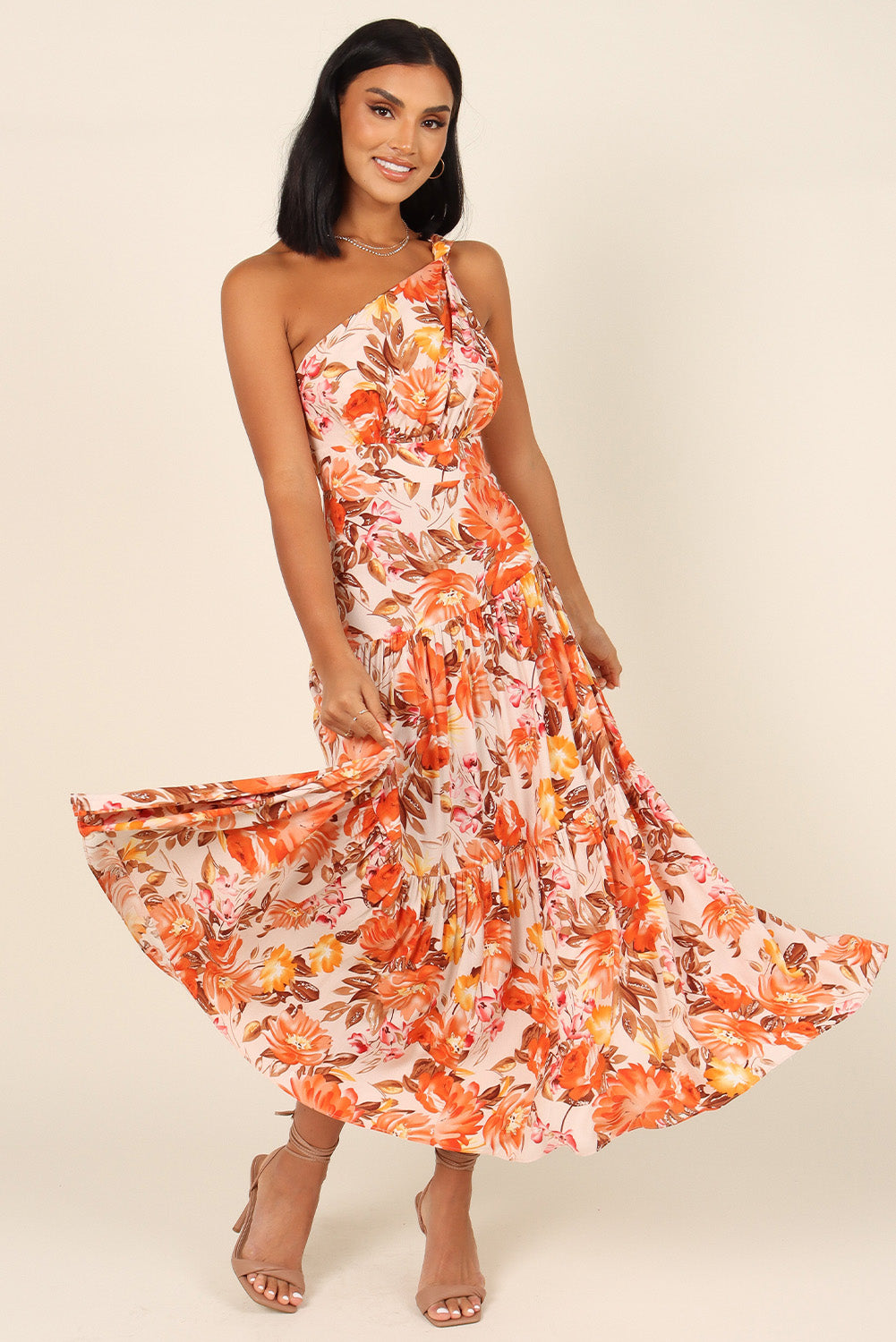 Floral Print Pleated One Shoulder High Waist Maxi Dress