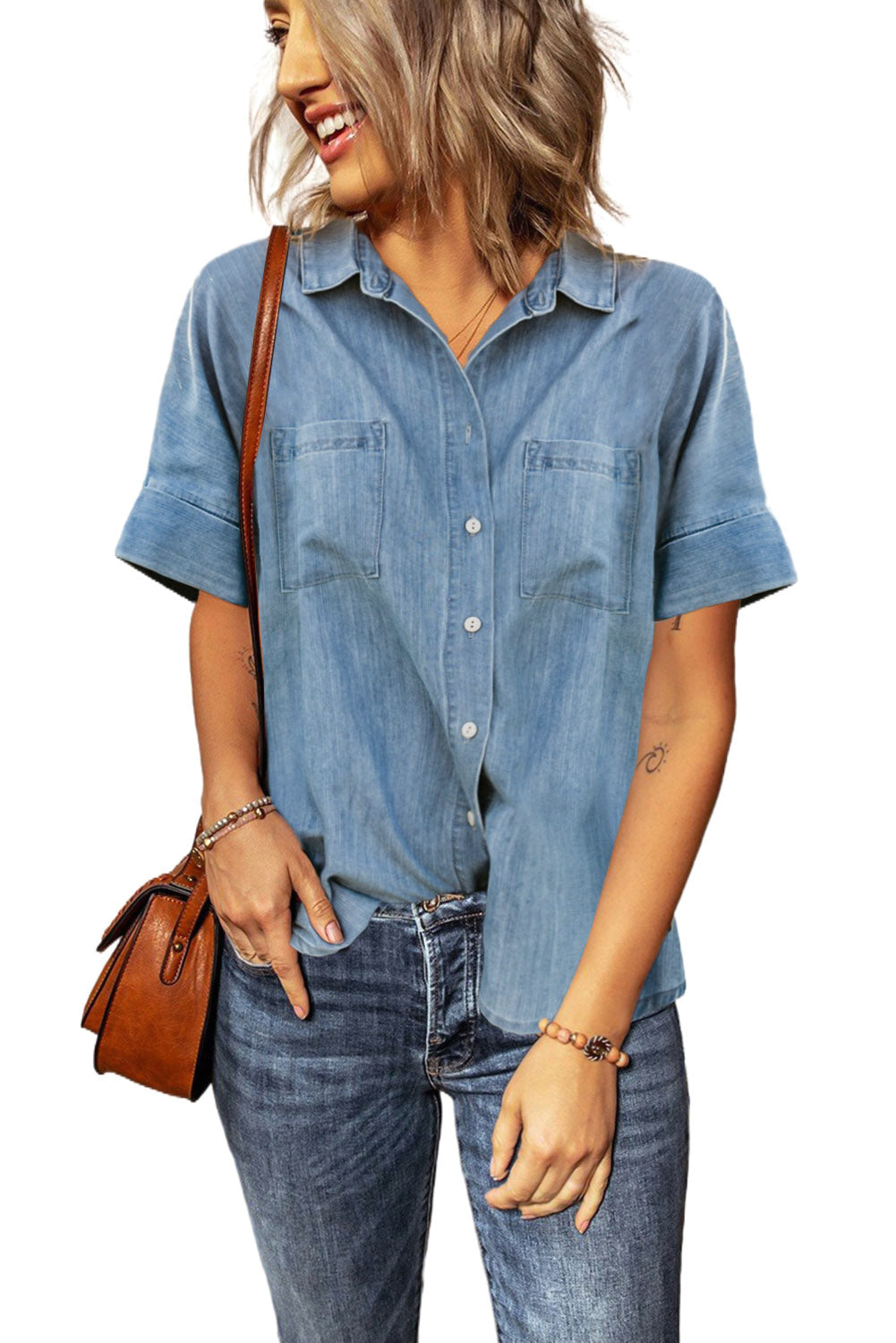 Turn-down Collar Short Sleeve Denim Shirt