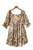 Abstract Print Shirred Half Sleeve Square Neck Mini Dress