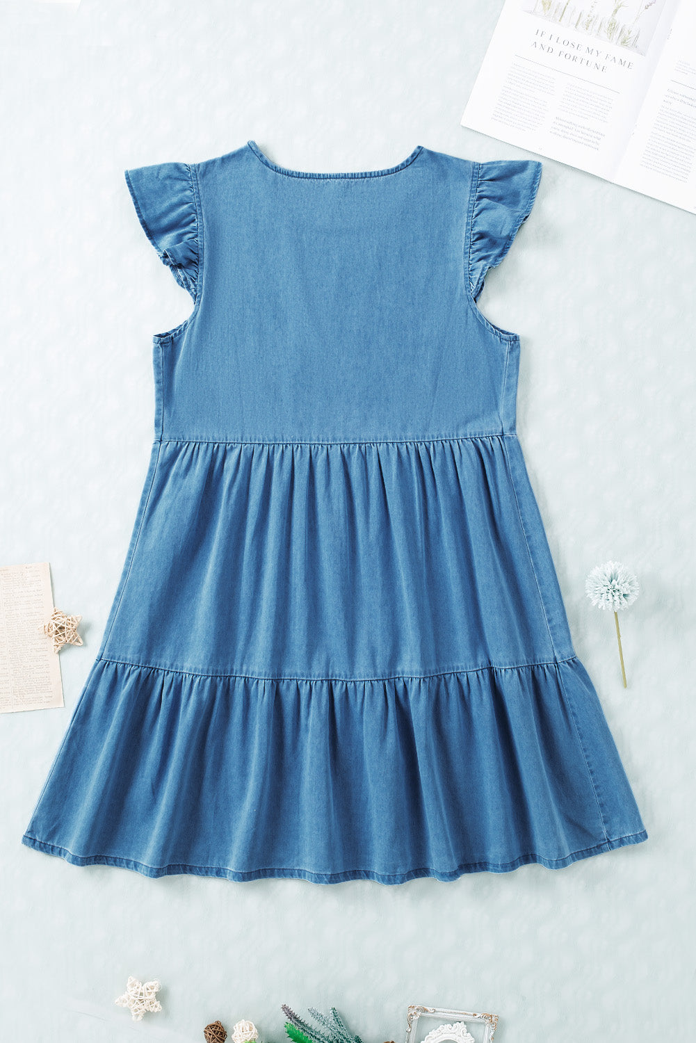 Crew Neck Flutter Tiered A-line Chambray Dress