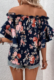 Blue Ruffle Off Shoulder Flounce Sleeve Floral Blouse