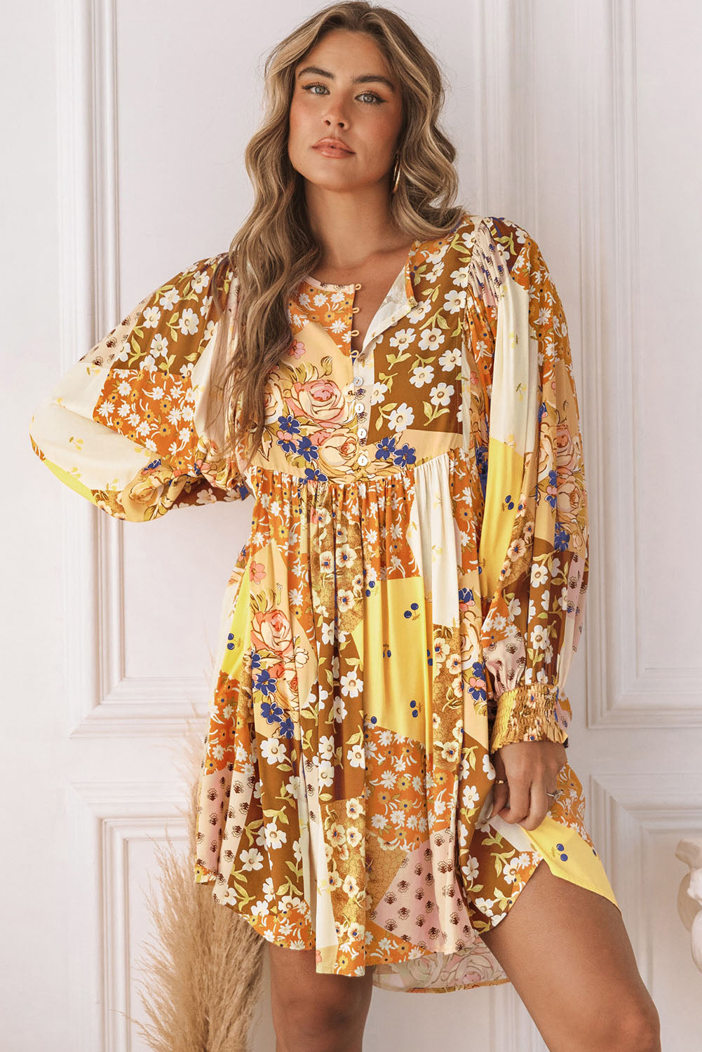 Floral Buttoned Pleated Long Sleeve Babydoll Dress