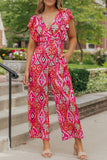 Rose Printed V Neck Button Open Back Wide Leg Jumpsuit