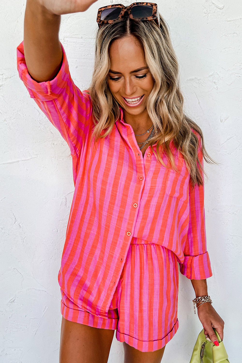 Striped Print Collared Neck Shirt and Shorts Set