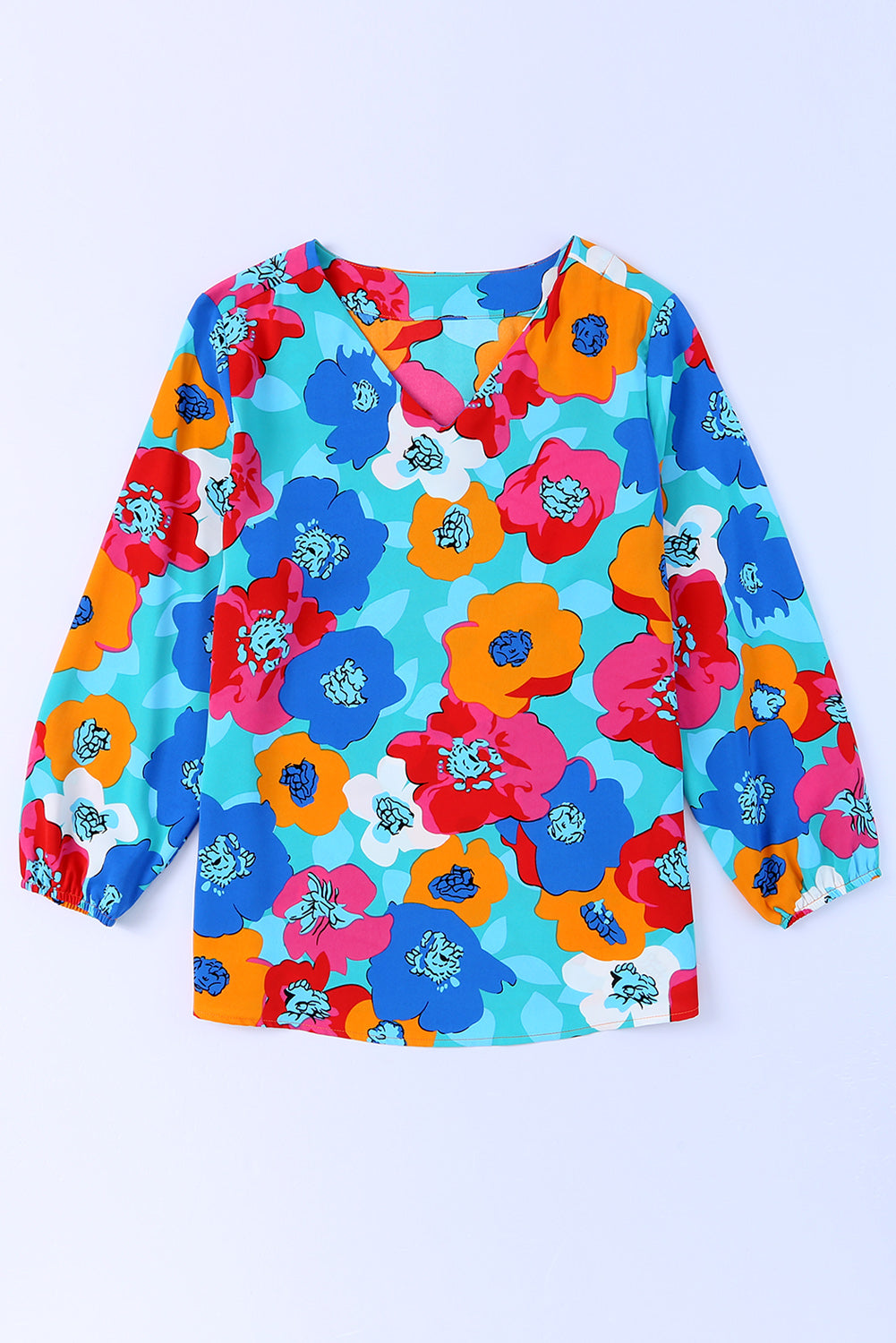 Sky Blue Multicolor Abstract Print High Neck Flutter Sleeves Top