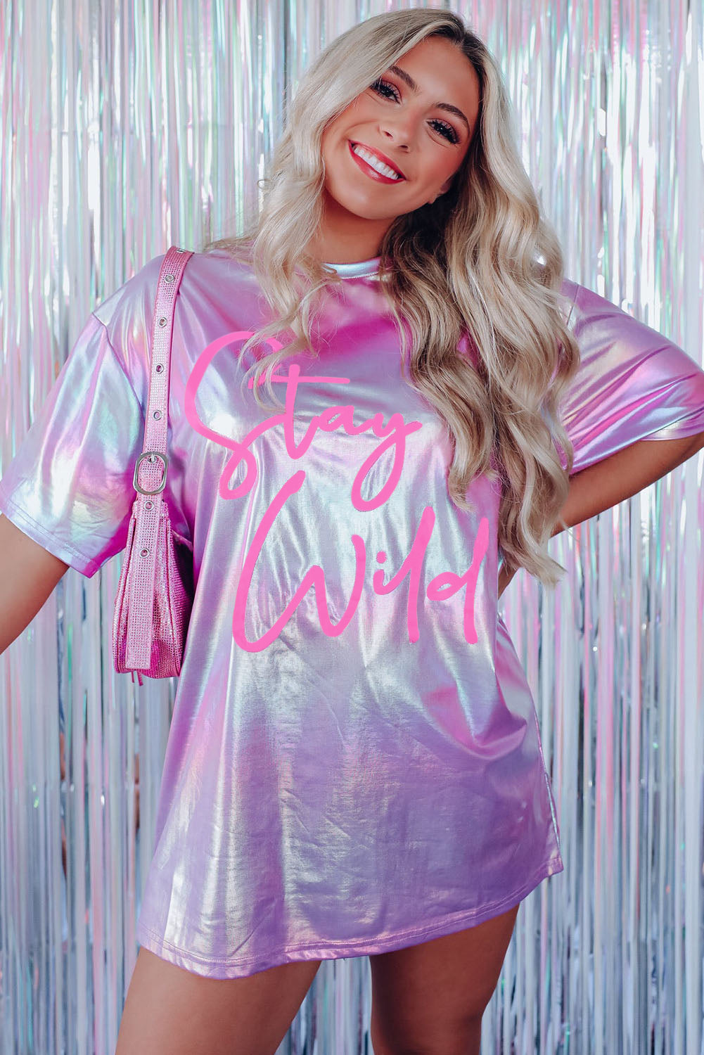 Shiny Iridescent Stay Wild Graphic Oversized Tee