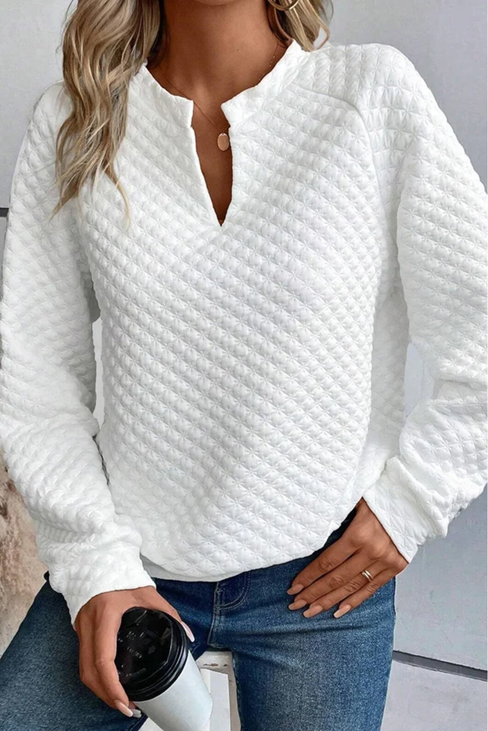 Black Split Neck Quilted Long Sleeve Top