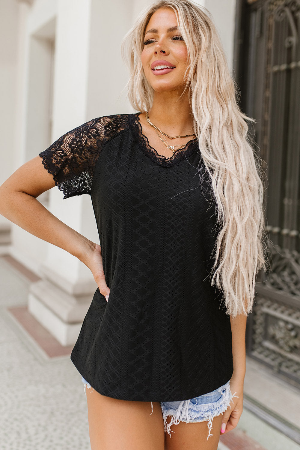 Lace Short-Sleeve Scalloped V-Neck Top