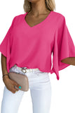 Plain Flounce Bell Sleeve V Neck Blouse