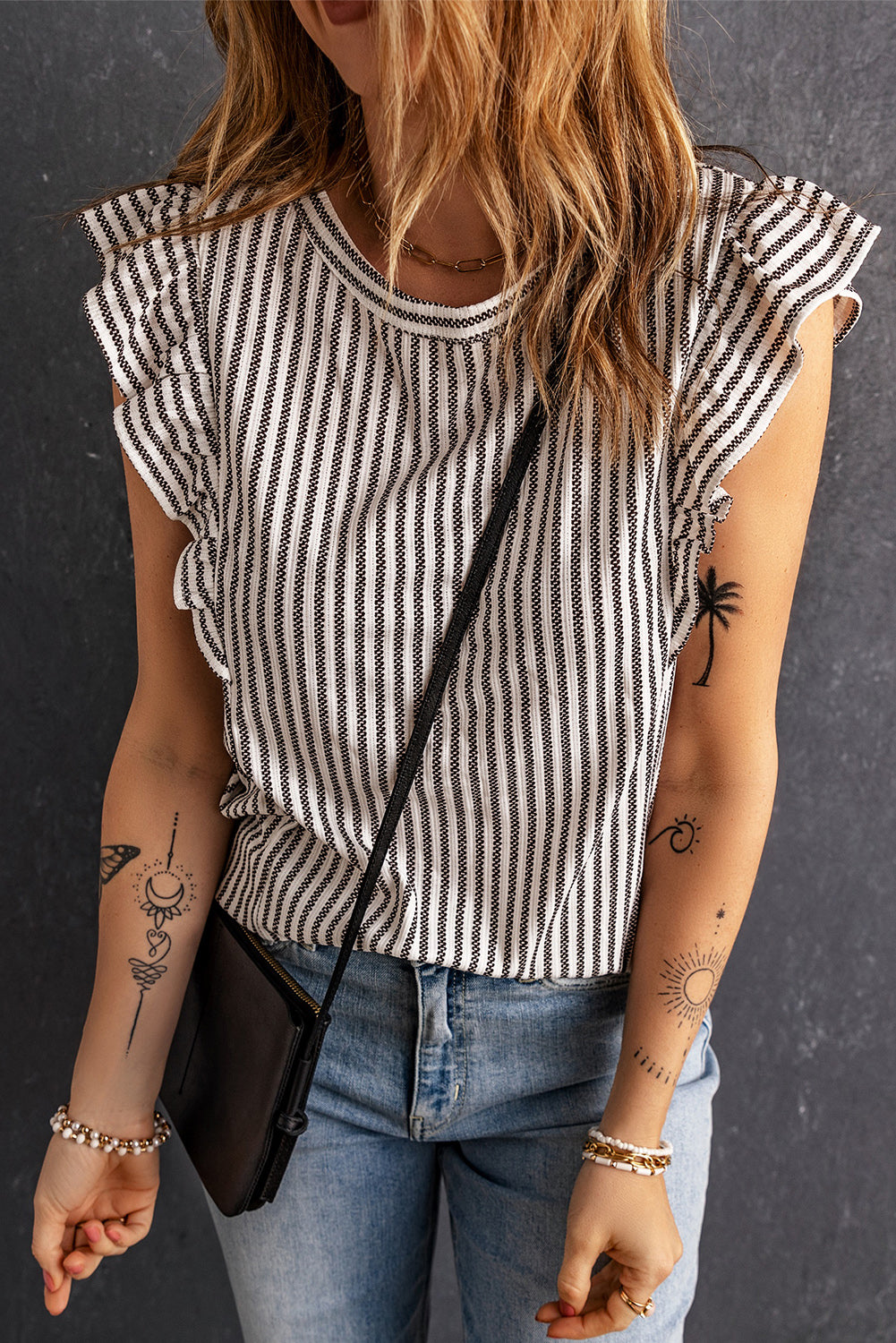 Khaki Striped Crew Neck Ruffled Tank Top