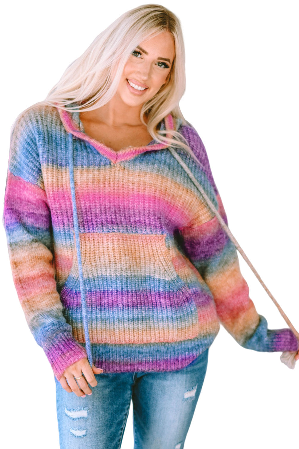 Pull à capuche multicolore ombré avec poche kangourou