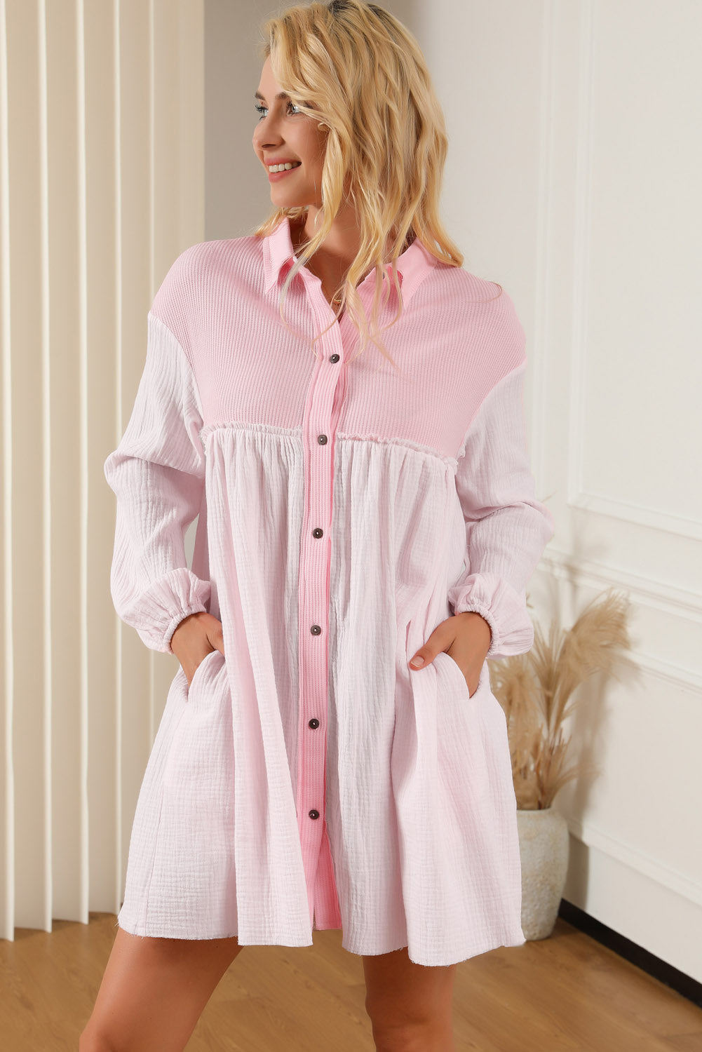 Patchwork Crinkle Puff Sleeve Shirt Dress