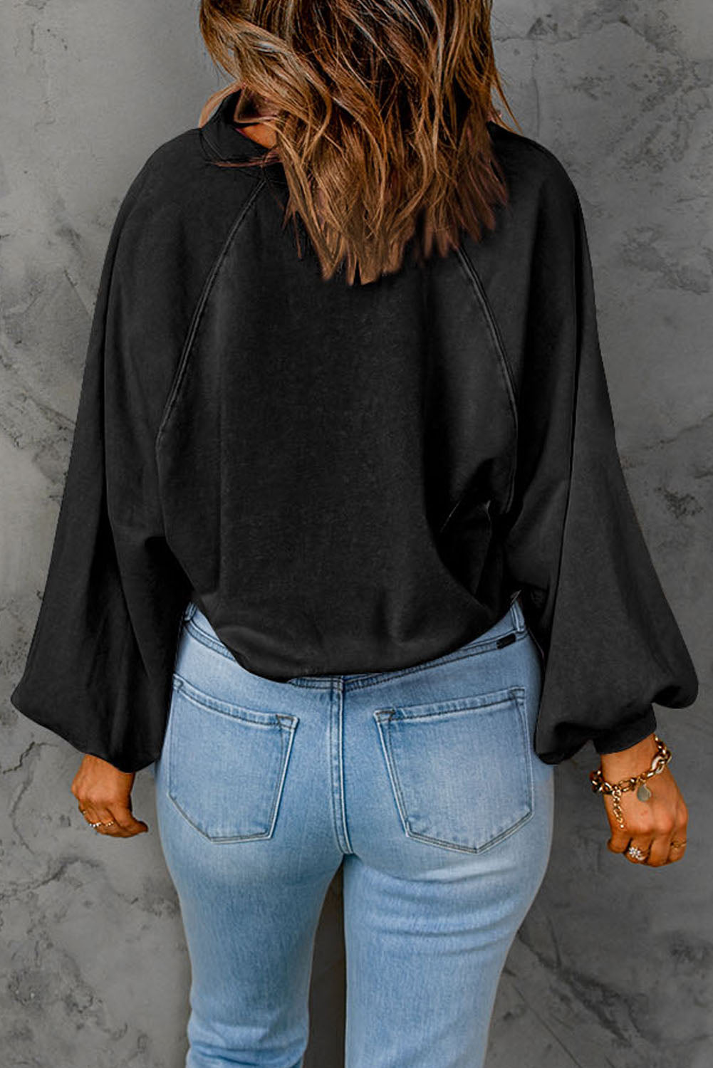 Black Washed Snap Buttons Lantern Sleeve Pullover Sweatshirt