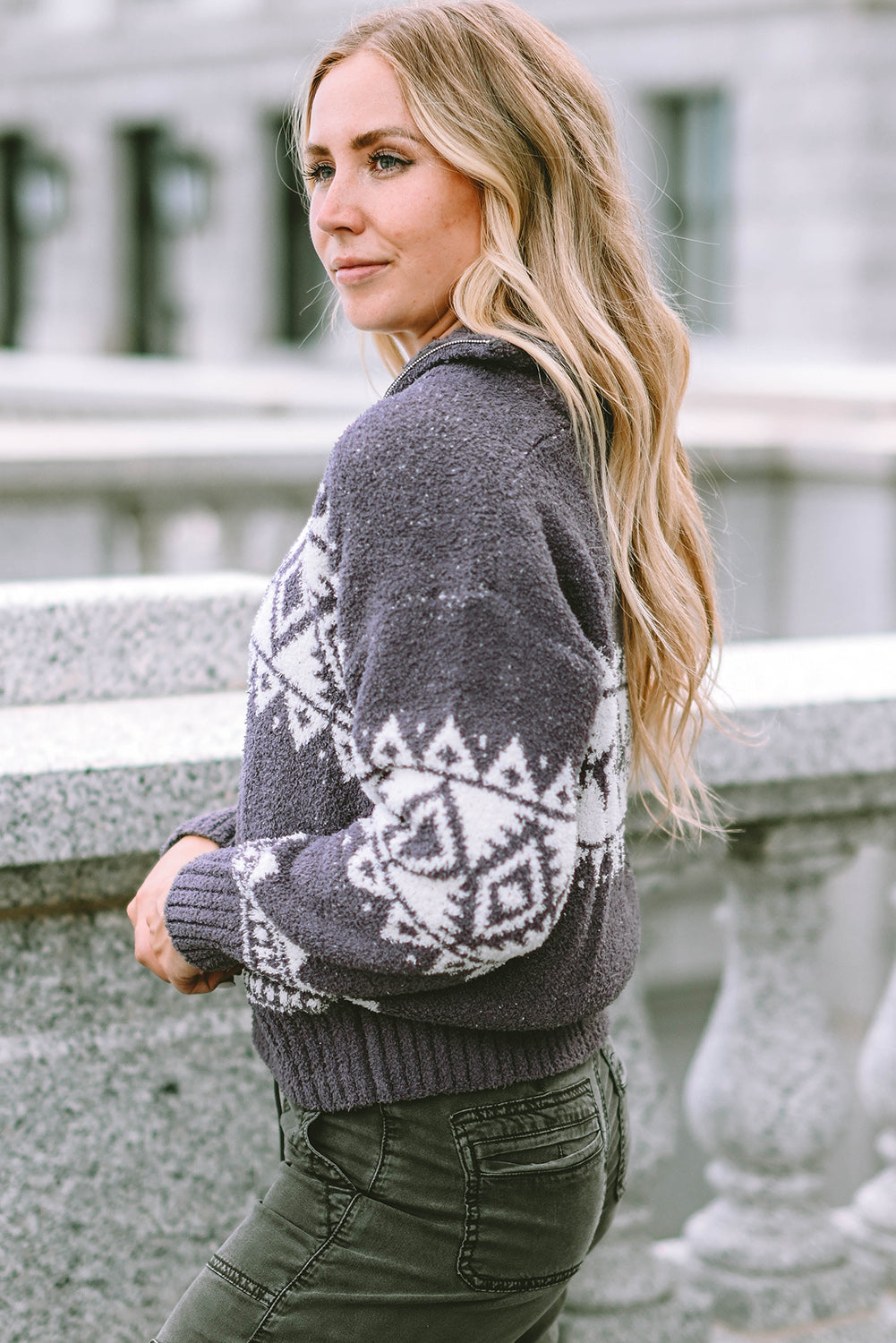 Western Geometric Printed Quarter Zip Pullover Sweater