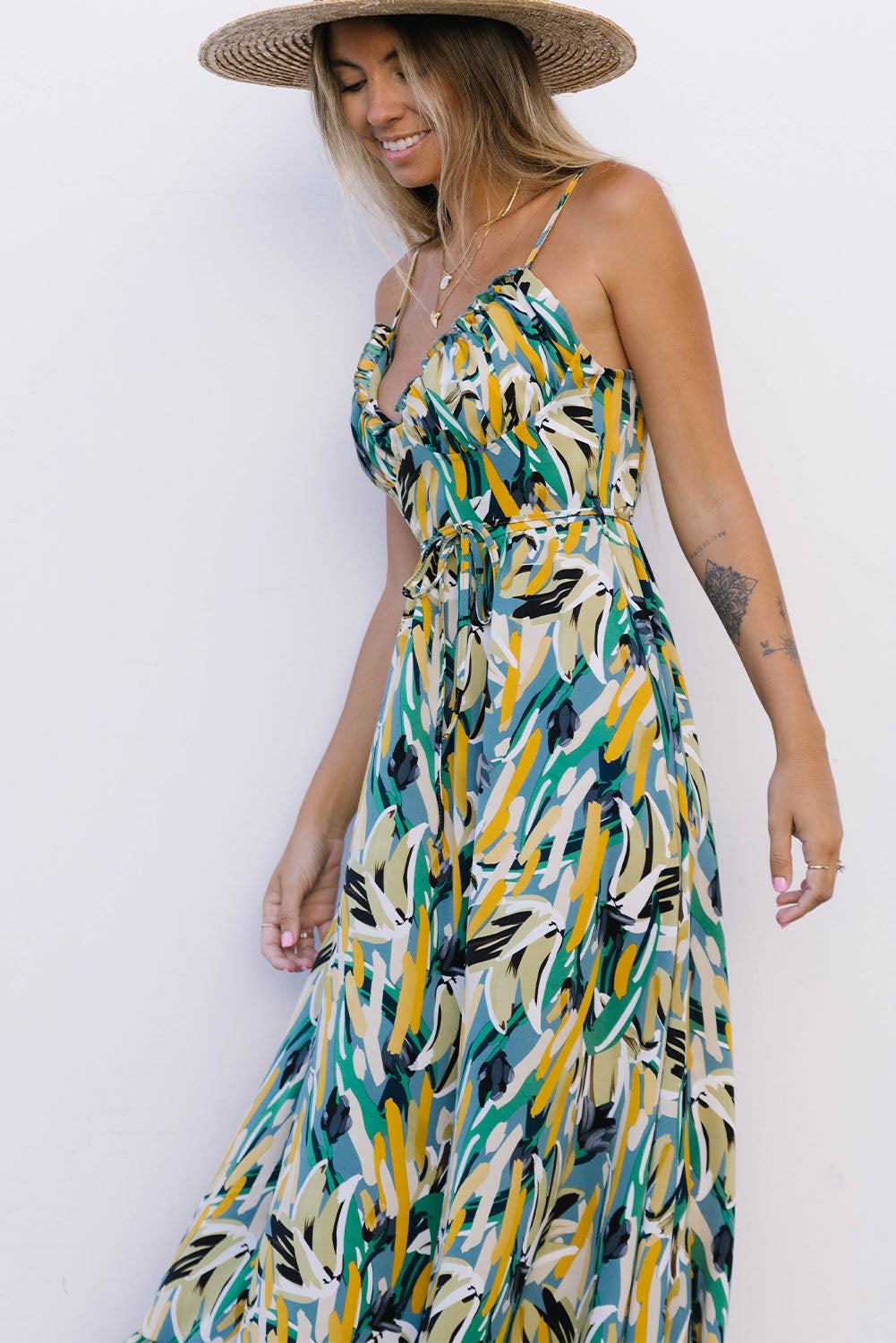 Abstract Printed Spaghetti Straps Ruffle Maxi Dress