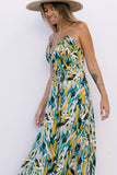 Abstract Printed Spaghetti Straps Ruffle Maxi Dress