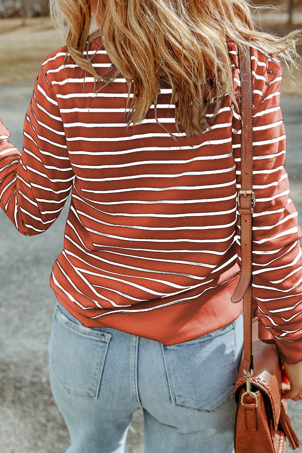 Red Striped Print Ribbed Trim Long Sleeve Top