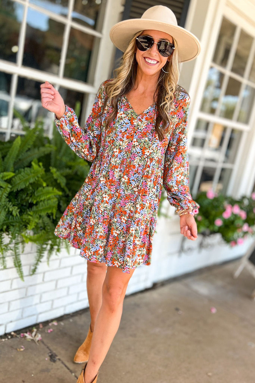 Floral Neck Tie Long Sleeve Flared Dress