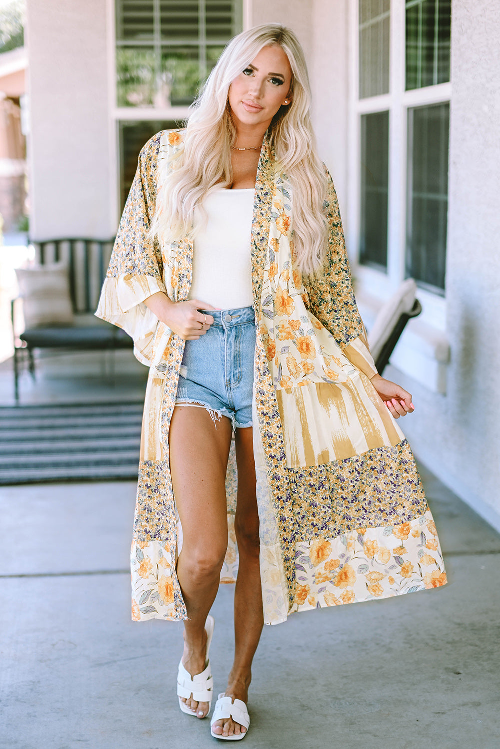 Wide Sleeve Mixed Floral Print Long Kimono