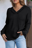 V Neck Ribbed Drop Shoulder Hooded Sweater