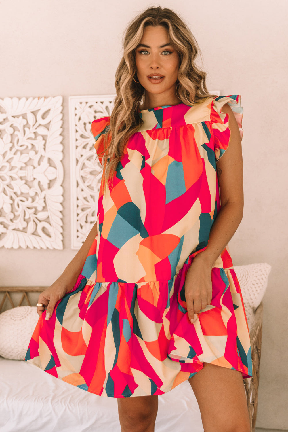 Abstract Geometric Print Flutter Sleeve Babydoll Dress