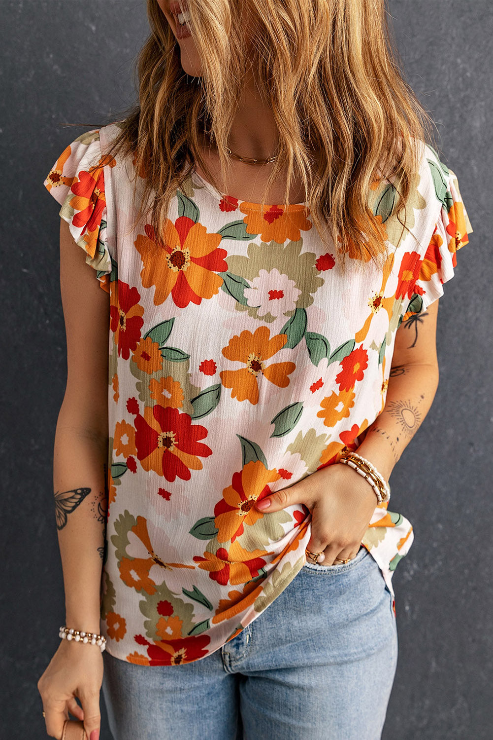 Floral Print Ruffled Flutter Sleeve Blouse