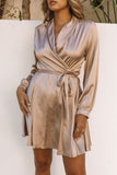 Satin V Neck Wrap Long Sleeve Dress with Tie