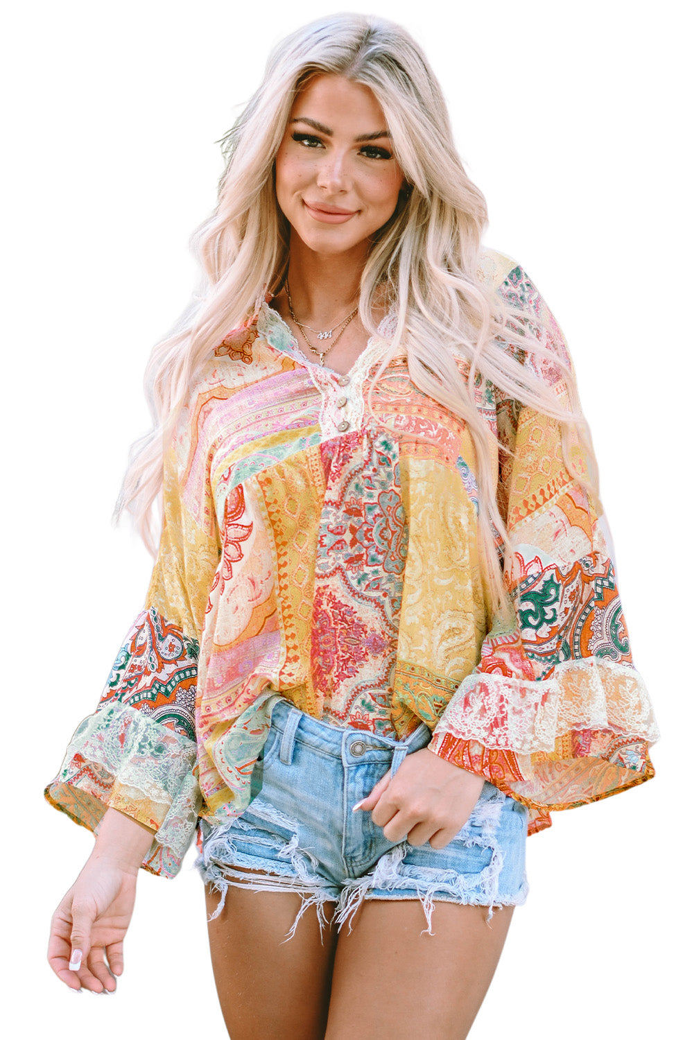 Paisley Print Bell Sleeve Lace V-Neck Button Sheer Blouse