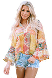 Paisley Print Bell Sleeve Lace V-Neck Button Sheer Blouse