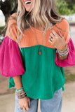 Multicolor Crinkle Bubble Sleeve Color Block Blouse