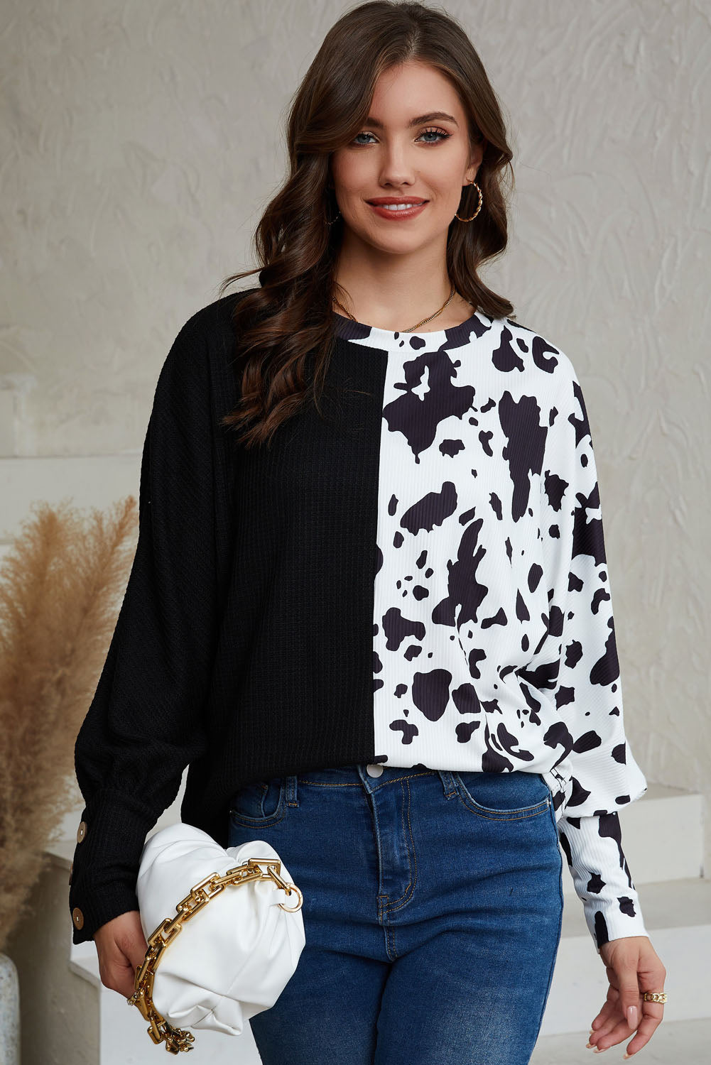 Cow Patchwork Waffle Knit Long Sleeve Top