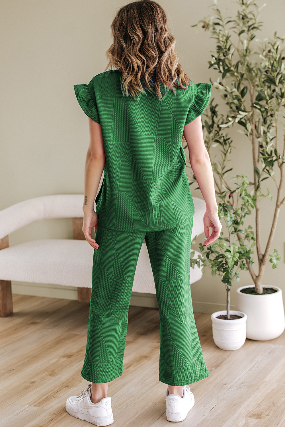 Dark Blue Ruffled Sleeve Summer Top and Cropped Loose Pants Set