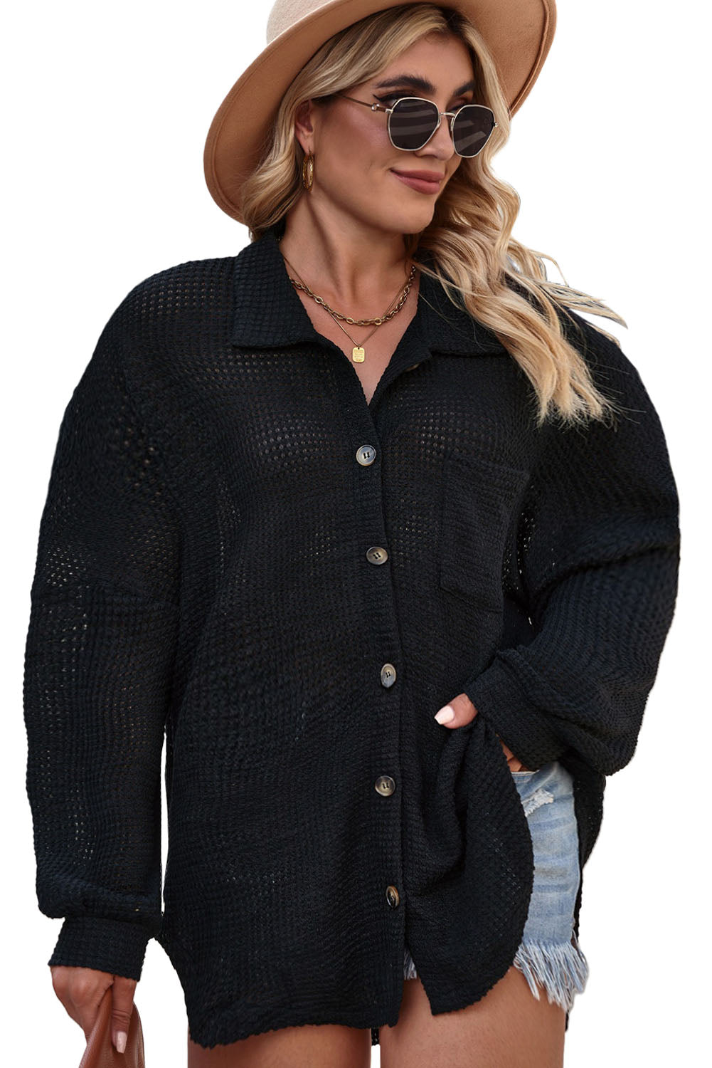 Black Waffle Knit Button Up Casual Shirt