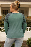 Green Leopard Waffle Knit Buttoned V Neck Blouse