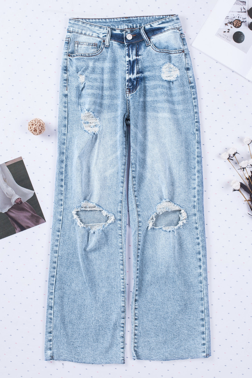 Distressed Hollow-out Knees Wide Leg Jeans