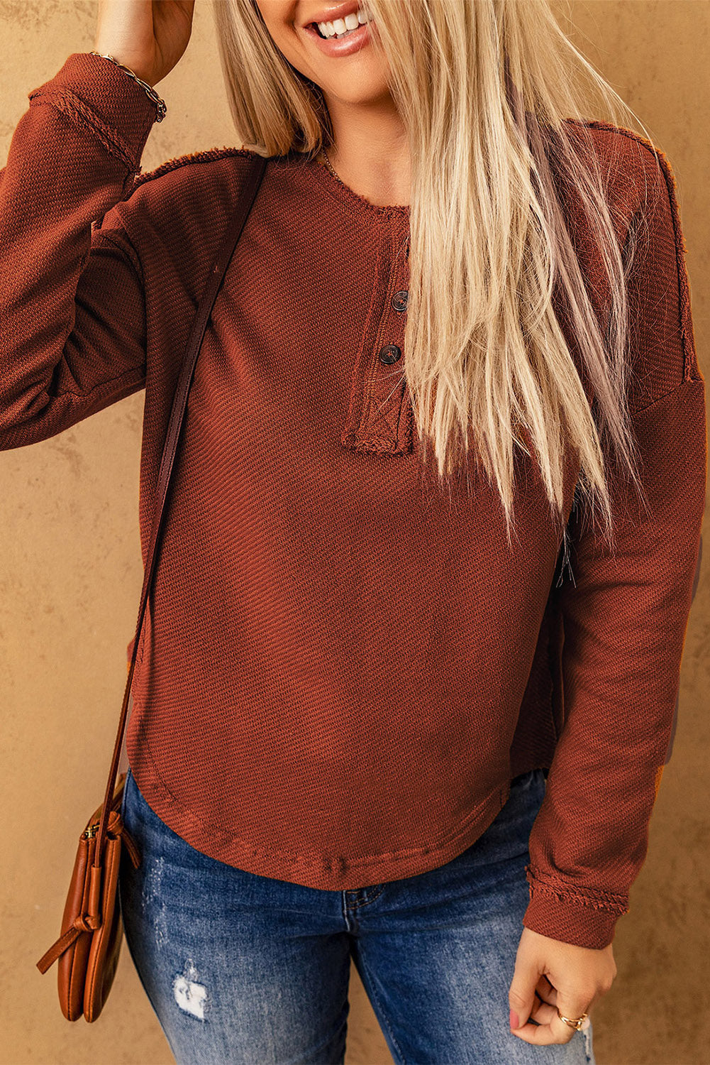 Exposed Seam Drop Shoulder Henley Top