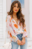 Abstract Print Split Neck Puff Sleeve Blouse